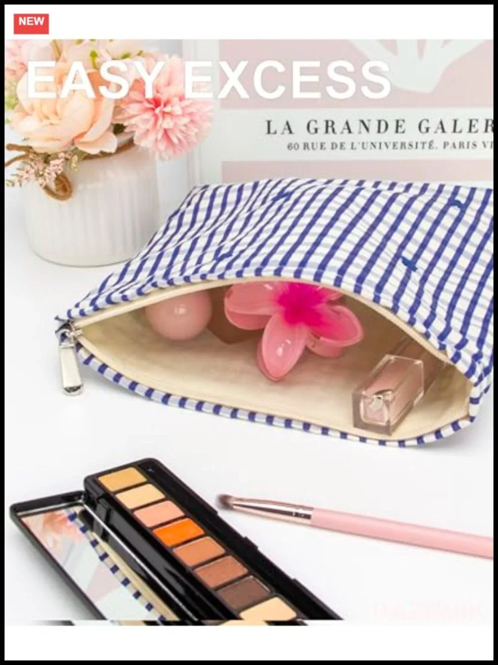 Flat Canvas-Lined Makeup Bag for Women, Zipper Cosmetic Pouch for Purse,